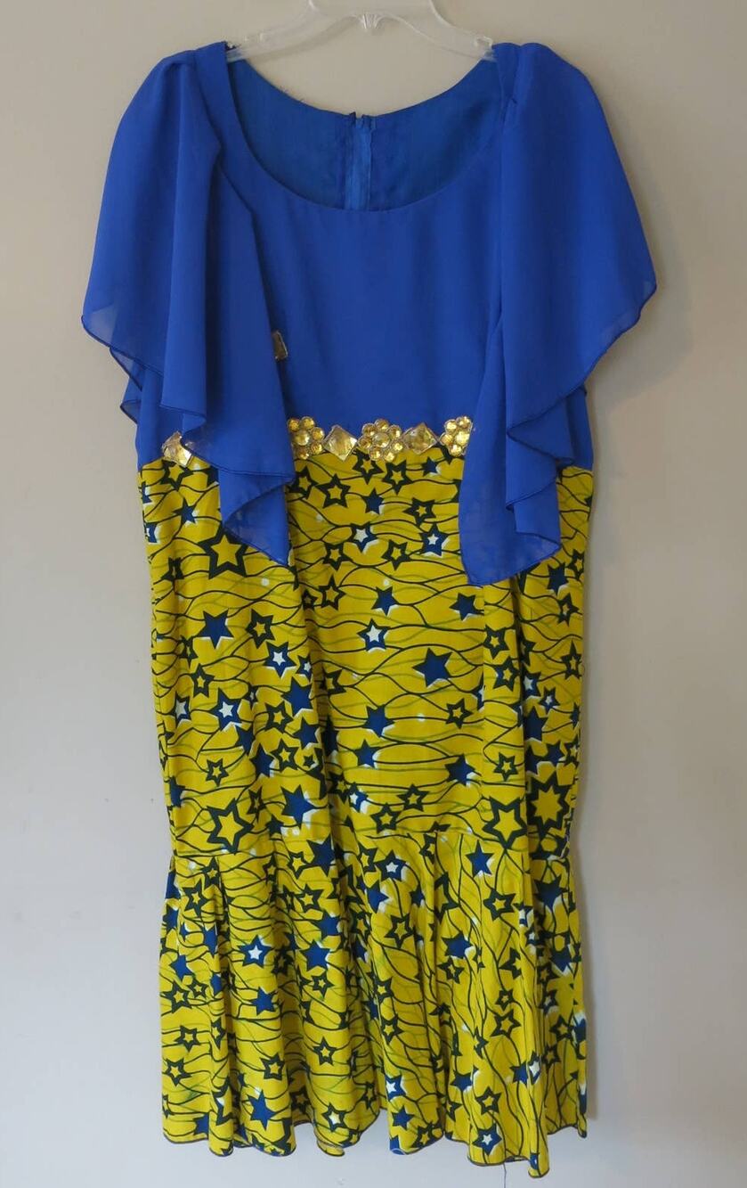 AFRICAN Handmade Ankara Dress Mid Length Short Sleeve Yellow Blue Gems Headwrap